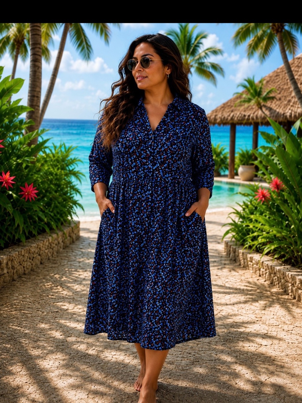 Terra & Sky Navy Floral Midi Dress with Pockets